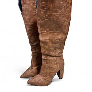 Women's Brown and Tan Boots Faux Crocodile Print Knee-high Heeled Boots size 9